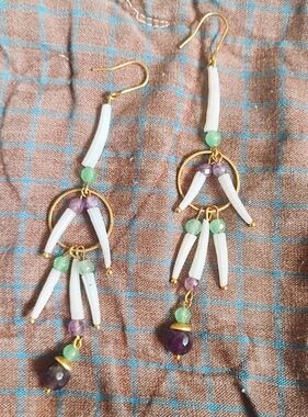 Extra Long Tusk Shell Earrings With Green Aventurine And Amethyst - Handmade